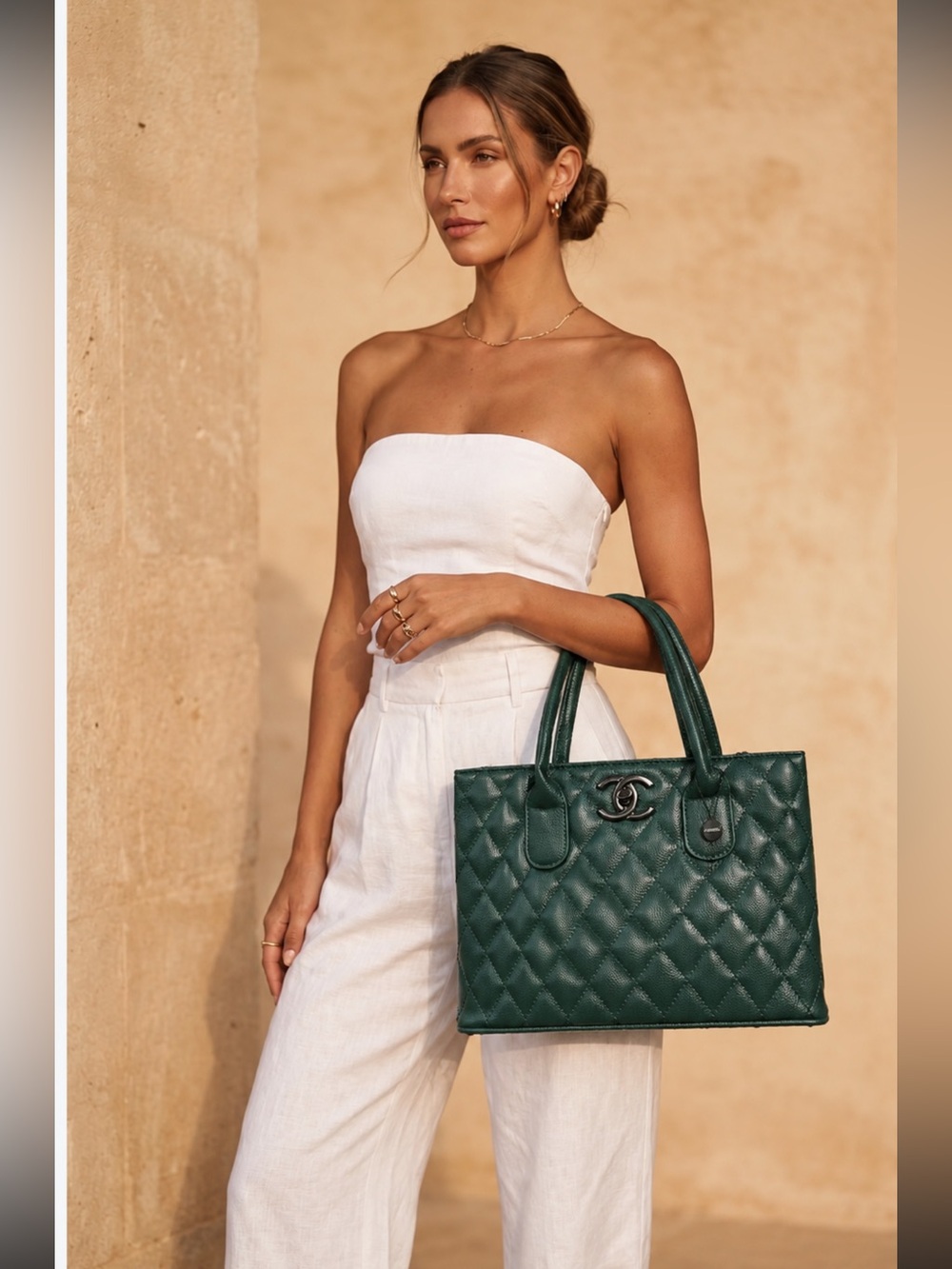 Elegant fashion design Dark Green Quilted Leather Tote with Wristlet-NWT